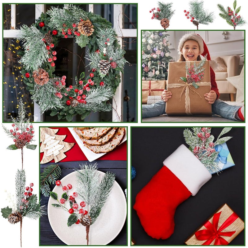 Solsew 16 Pcs Christmas Pine Cones Picks Artificial Berries Sprays Branches Faux Greenery Floral Stems Snowy Holly Pine Needles for Xmas Tree Wreath Garland Craft Decor(Stylish Snowy Style) - Image 5